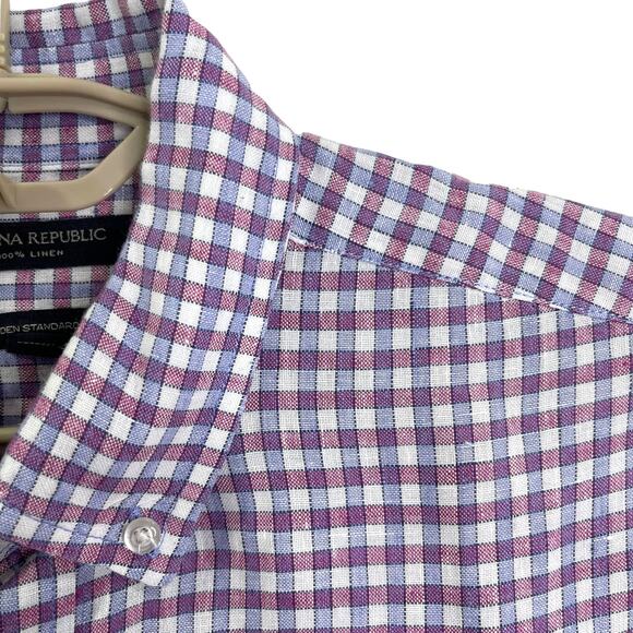 Banana Republic Mens 100% Linen Button Down Shirt Red Blue Plaid Medium - Picture 5 of 7